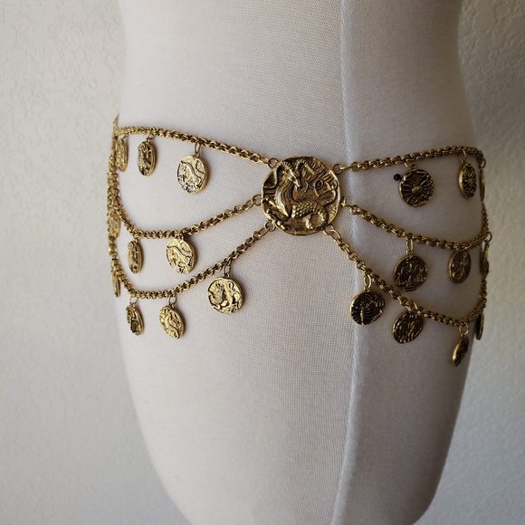 Vintage Kenneth Jay Lane Golden Zodiac Chain Hanging Medallion Waist Belt 31-36 - Picture 8 of 12